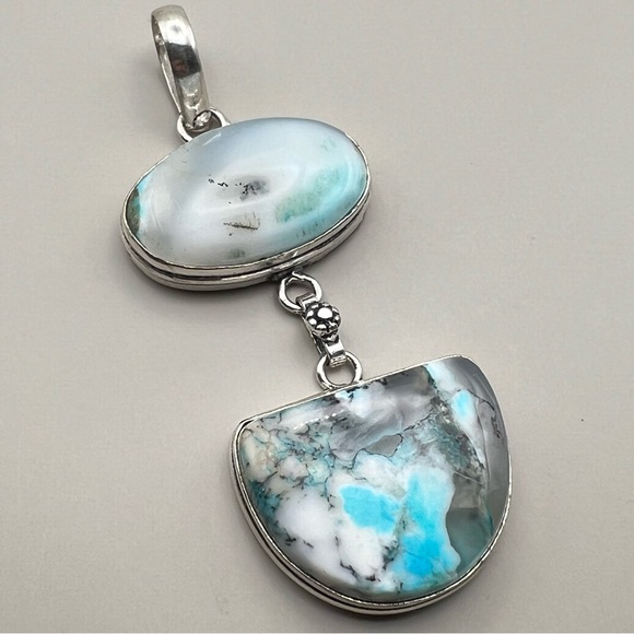 New Blue Enhanced Dendritic Opal Stone Silver Overlay Pendant Necklace w Cord - Picture 2 of 9
